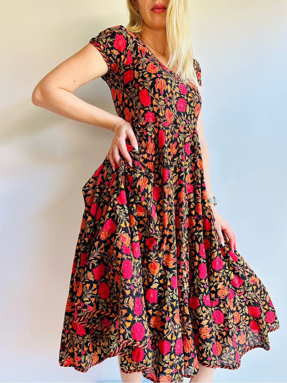 Passementrie Sedona Cap Sleeve Floral Boho A-line Flounce Hem Cotton Midi Dress